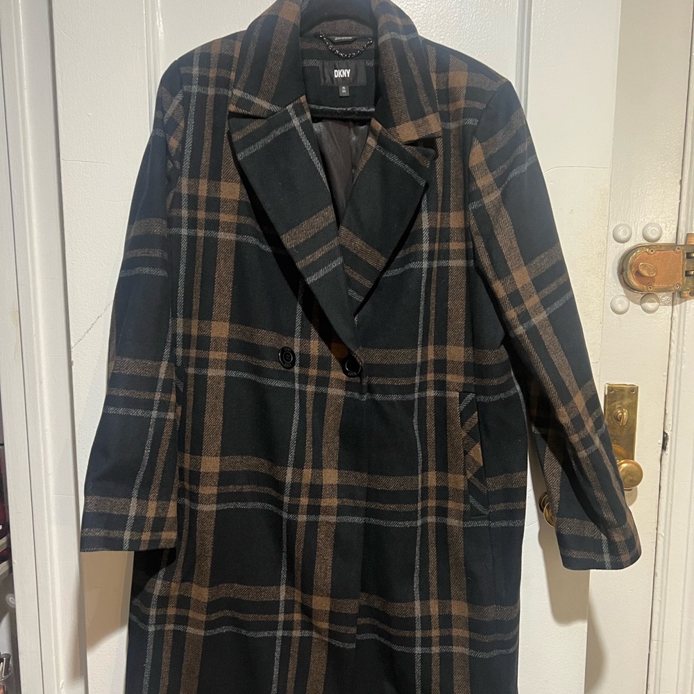 DKNY Women's Plaid Coat - Black and Brown XL